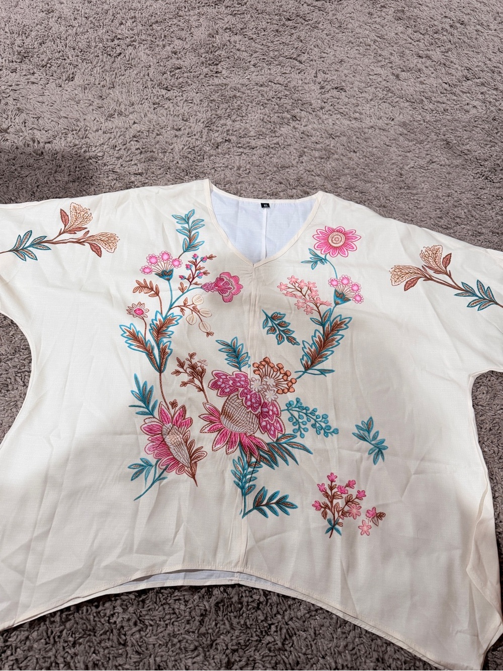 Women's Cream Floral Embroidered V-Neck Top
